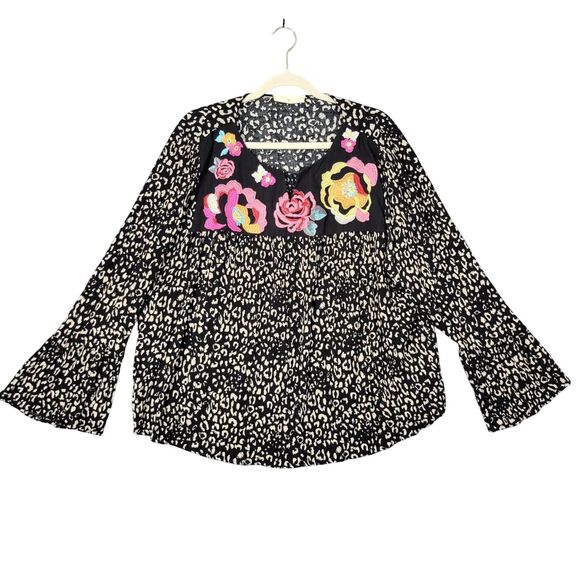 SAVANNA JANE Black Floral Embroidered Leopard Print Mixed Media Boho Top SIZE 1X - Picture 1 of 10